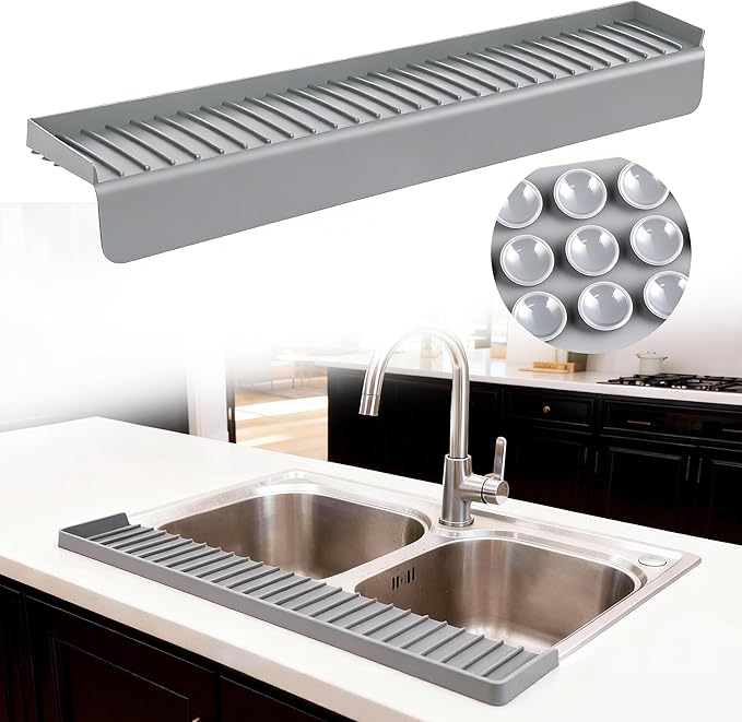 Silicone Sink Edge Protector Splash Guard, 24x4 Inch with Suction Cups & 5°Tilt, Cuttable for Kitchen Bathroom Countertops, Granite Quartz Surfaces (Gray)
