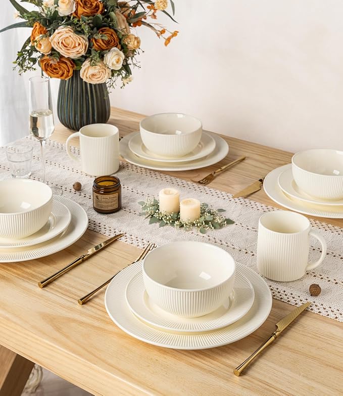 TheTerra Stoneware Dinnerware Sets for 4, 12 Pieces Ceramic Plates and Bowls Sets, Scratch Resistant Embossed Dish Set, Oven, Microwave & Dishwasher Safe, Ivory