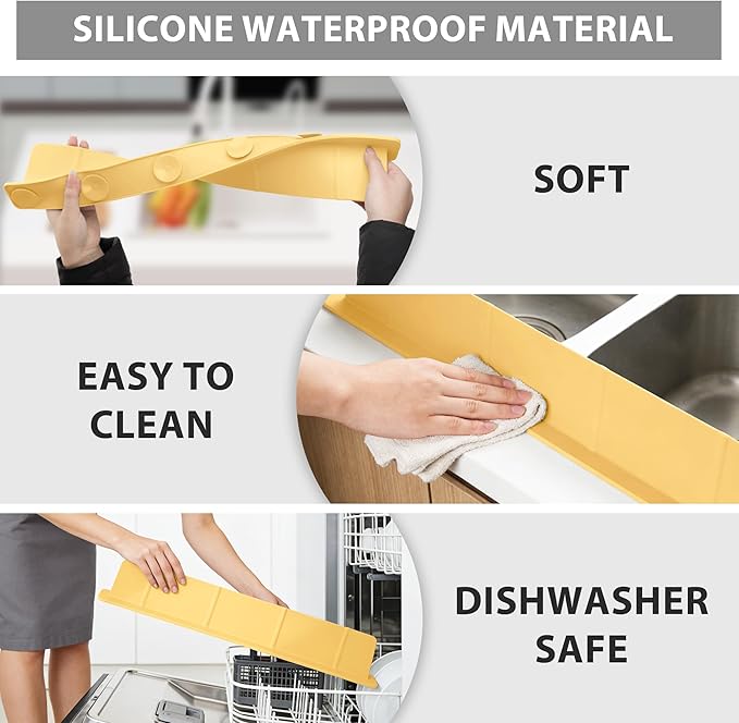 20Inch Silicone Sink Splash Guard with Strong Suction Cups, Flexible Kitchen Sink Splash Guard for Front/Back of Sink, Easy to Clean Splash Guard for Kitchen & Bathroom (Yellow, 20.5''x2.8'')