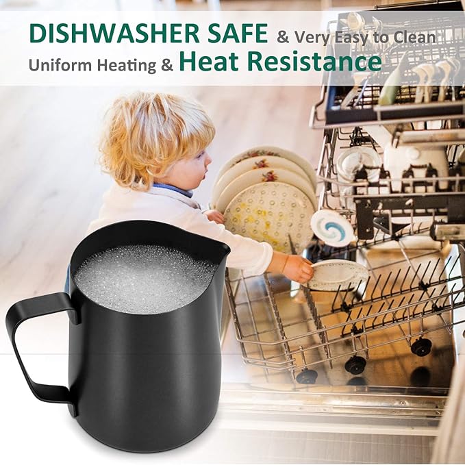 Milk Frothing Pitcher 600ml/20oz Steaming Pitchers Stainless Steel Milk Coffee Cappuccino Latte Art Barista Steam Pitchers Milk Jug Cup with Decorating Art Pen, Matte Black
