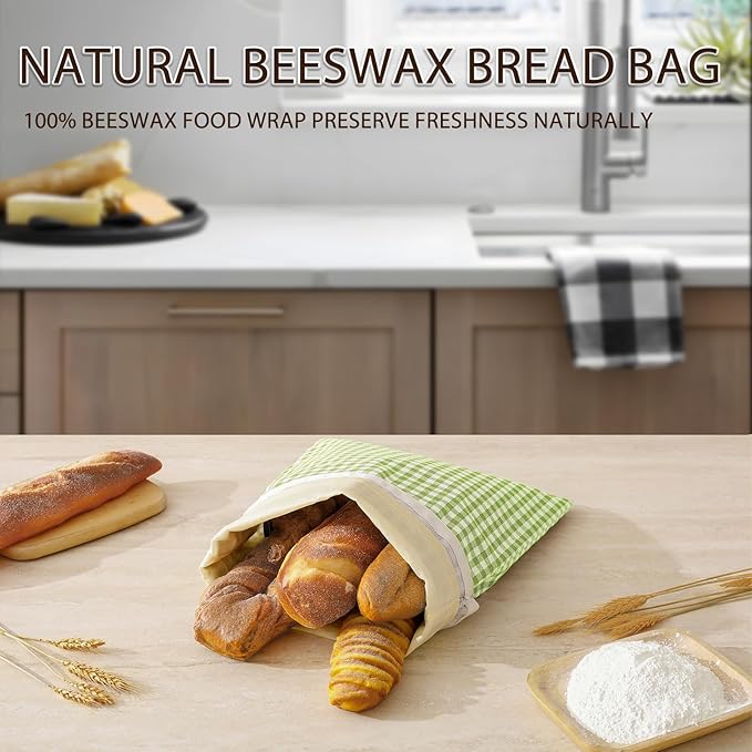 2-Pack Reusable Beeswax Bread Bags for Sourdough, Natural Linen Bag for Homemade Bread，Extend the insurance period(Green)
