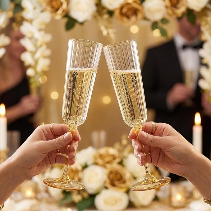 Jingmore 12 Pcs Plastic Ribbed Champagne Flutes With Stem, 6.4 oz Clear Vintage Disposable Vintage Glasses for Wedding Birthday Anniversary (Gold)