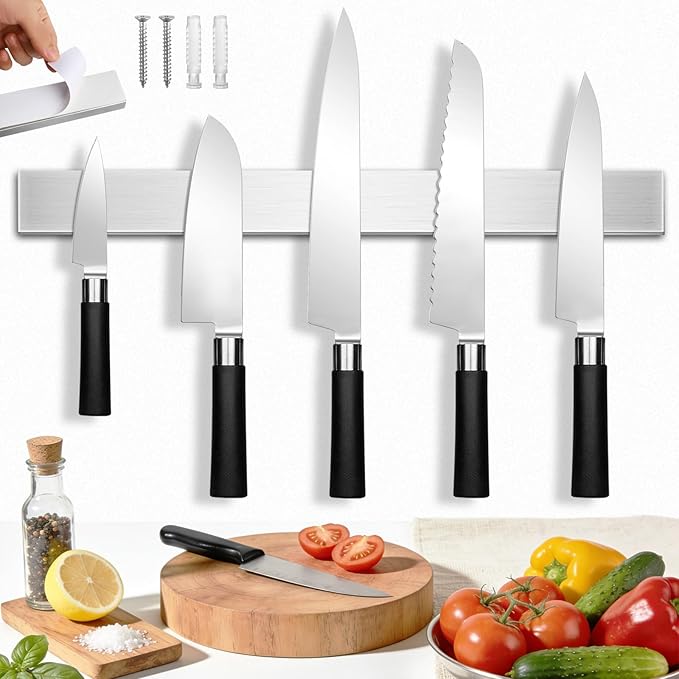 24 Inch Magnetic Knife Holder with Extra Strong Hold, Metal Knife Magnetic Strip for Wall Mount Kitchen RV Storage and Organization, Heavy Duty Magnetic Tool Rack for Tools, Knives Block Utensils