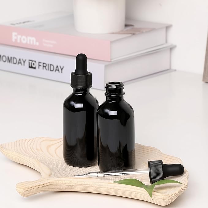 NOOEEISS 2oz Glass Dropper Bottle,Preety Texture Tincture Bottles with Precise Scales Eye Droppe,for All Kinds Of Mixed Liquids,Leak-Proof Design for Easy Travel (Black-48Pack)