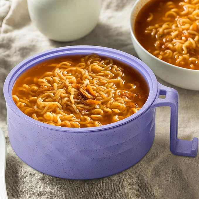 2 Sets Microwave Ramen Bowl 40 oz Wheat Fiber Portable Instant Noodle Cooker Bowl with Handles Strainer Spoon Chopstick Fork College Dorm Room Apartment Essentials(Beige, Purple)