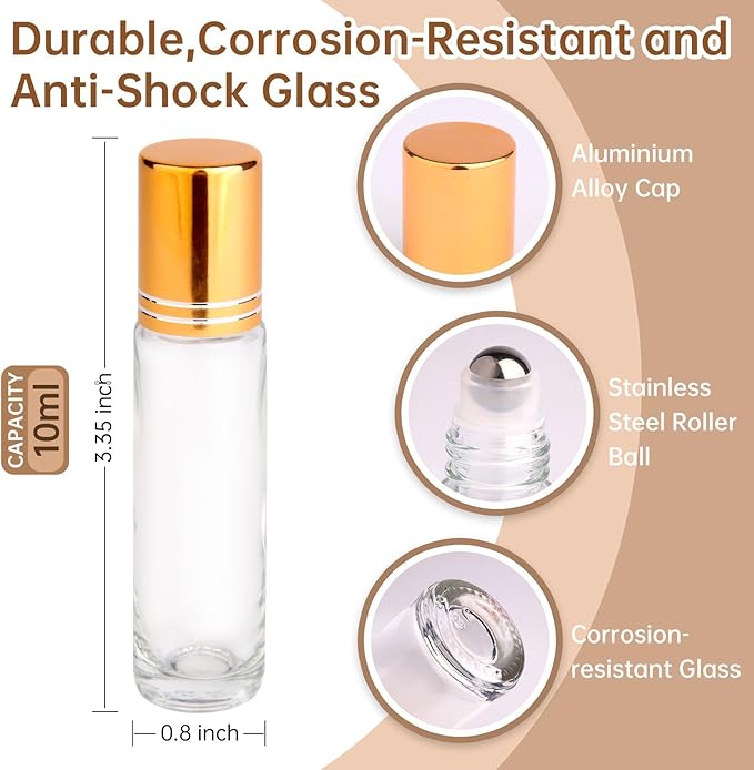 inice 24 Pack Clear Galss Roller Bottles,10ml Roll On Bottles Stainless Steel Roller Balls Metal Cap for Aromatherapy Essential Oils Applicator
