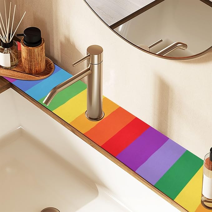Kitchen Sink Splash Guard 1 PC 30 Inch Sink Faucet Mat Splash Guard for Bathroom Countertop Water Absorbent Foldable Cuttable Soft Washable Vibrant Colorful Stripes