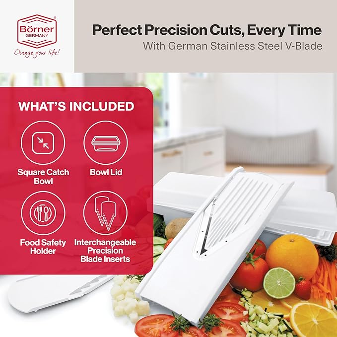 Swissmar V-Prep™ Mandoline Slicer – Versatile Kitchen Slicer for Julienne, Shred, Cube & Slice – Includes Multi-Function Bowl & Safety Holder – Essential Kitchen Gadget – White
