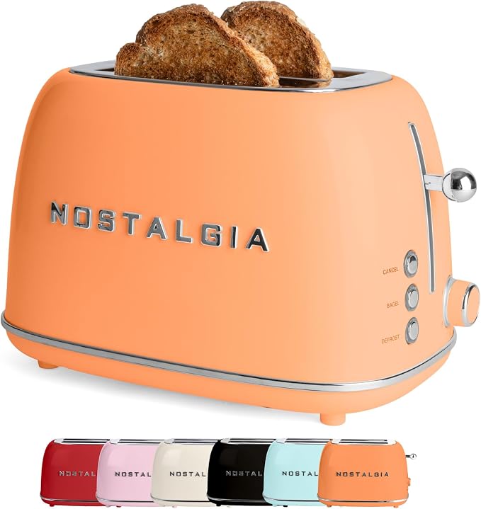 Nostalgia Classic Retro 2-Slice Toaster- Vintage Design- Enamel Coated Steel Body- Wide Slots for all Breads- Crumb Tray, Cord Storage- Defrost,Cancel and Bagel Function & 6 Toasting Levels- Orange
