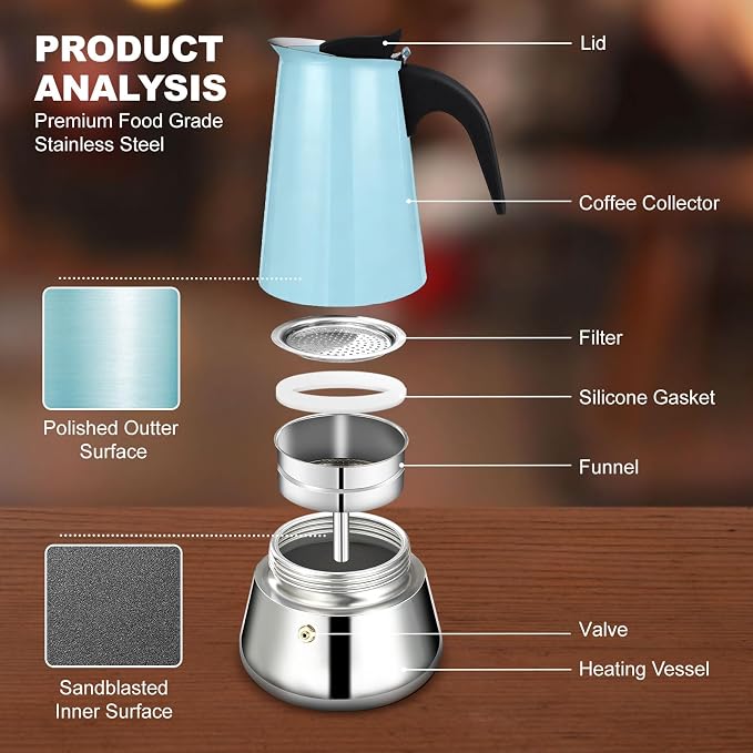 4 Cup Stovetop Espresso Maker Stainless Steel Moka Pot Stove Top Percolator Italian Coffee Makers Capable Mocha Greca Machine Cafe Classic Induction Cookers for Home and Camping 200ml 6.6oz