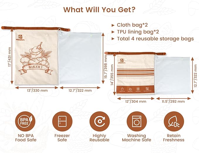Piklohas Sourdough Bread Bags, 2 Sets Detachable Bread Storage for Homemade Sourdough, Reusable Linen Food Storage with Lining & Triple Lock for Fresh Keeping, BPA Free, Christmas Baking Gifts