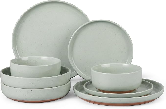 HaWare 8-Piece Plates and Bowls Set for 2, Stoneware Dinnerware Sets with Pasta Bowl, Dishes Set for Home Restaurant, Speckled Asparagus Green