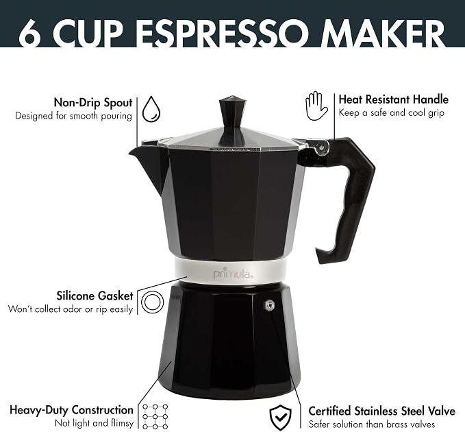 Primula Classic Moka Pot Stovetop Espresso and Coffee Maker, Italian and Cuban Cafetera for Rich Espresso Brewing, Durable Aluminum Greca Coffee Maker with Easy Grip Handle, 6-Cup, Black