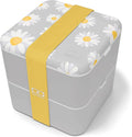 monbento - Large Bento Lunch Box MB Square Daisy with 2 Compartments - 57 oz -3 Leakproof Lunch Box for Work/Picnic/Meal Prep - BPA Free - Microwave & Dishwasher Safe - Flowers Pattern - Grey