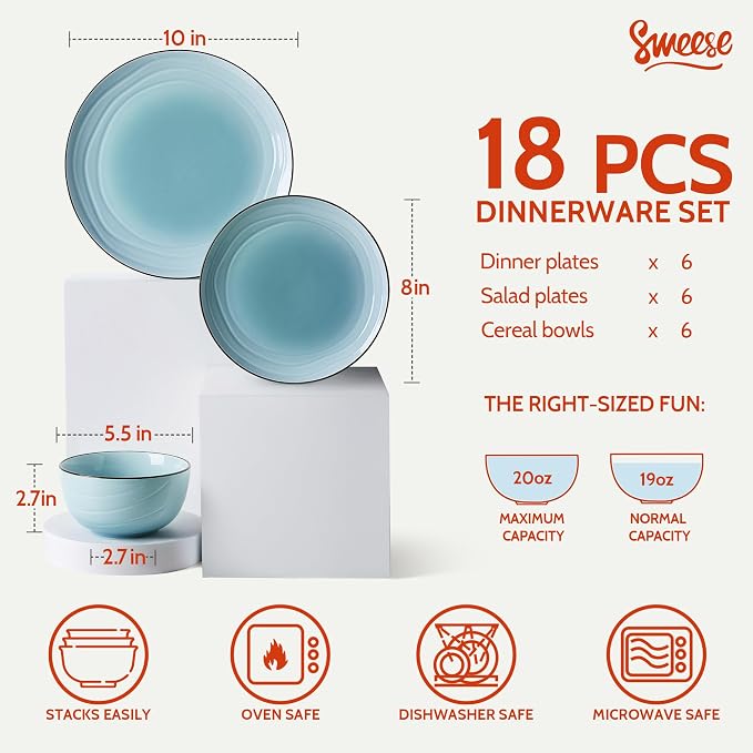 Sweese Porcelain Dinnerware Sets for 6, 18 Pieces Plates and Bowls Sets, Handcrafted Minimalist Dinner Set, Chip and Scratch Resistant Dish Set, Dishwasher & Microwave Safe, Gradient Blue
