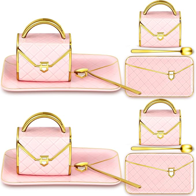 Zubebe 2 Sets Coffee Mug Elegant Handbag Shaped Cup Modern Ceramic Purse Mug with Spoon and Saucer, 10oz Cute Creative Tea Cup for Woman Girls Gift (Pink)