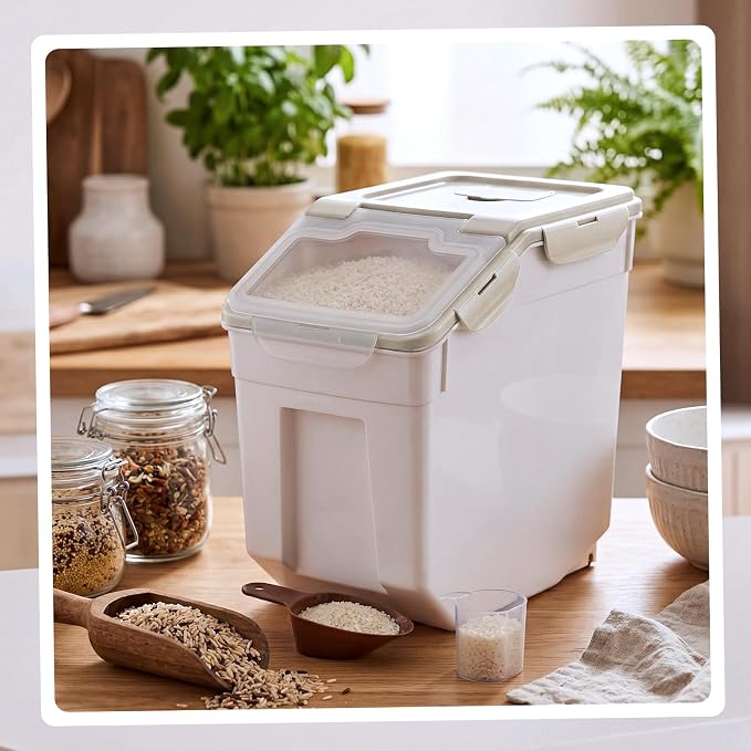Sunnyray Flour Storage Container Bin,Rice Storage Containers with Wheels Seal Locking Lid, BPA Free with Measuring Cup Scoop for Rice Grain Pet Food Flour(55 Lbs,Beige,6 Pcs)