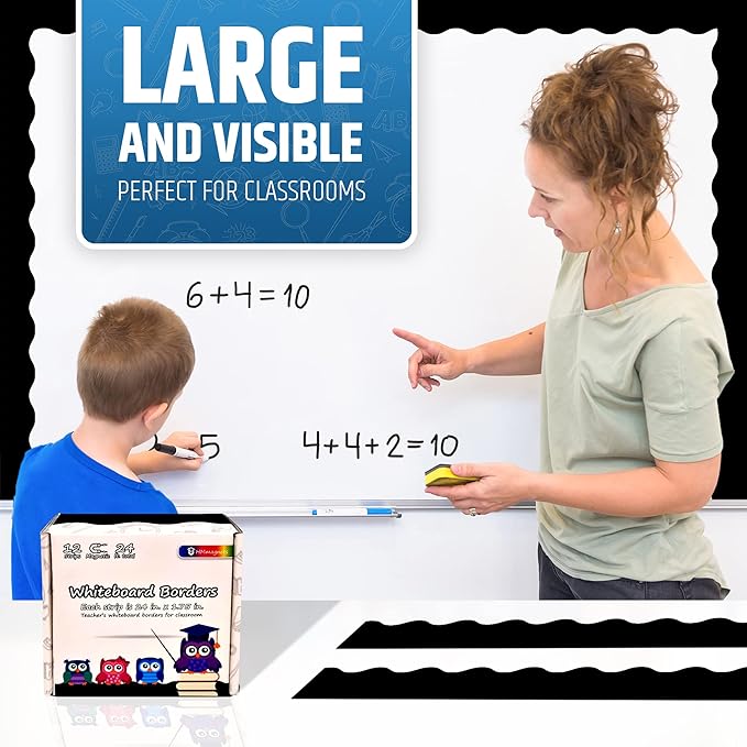 Strong & Wide Magnetic Borders for Classroom Whiteboard - Visible Magnetic Strips for Teachers (4 Designs Available) | Wavy Plain - Black | 12 Strips of 24X1.75 Inch - 24 Feet Total