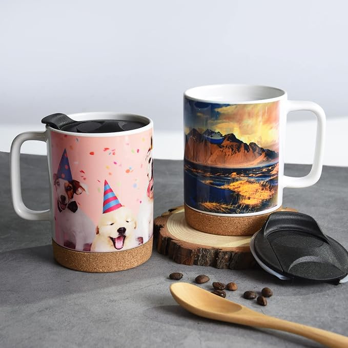 14oz Sublimation Coffee Mugs,Case of 6 Pieces | Removeable Cork Bottom and Splash Proof Lid Mug,with Brown Mail Order Box