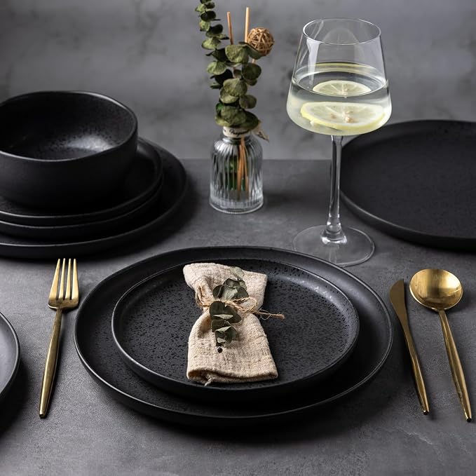 AmorArc Ceramic Dinnerware Sets, Wavy Rim Stoneware Plates and Bowls Sets,Dishwasher & Microwave & Oven Safe Dishes set, Service for 6 (18pc)-Charcoal Matte