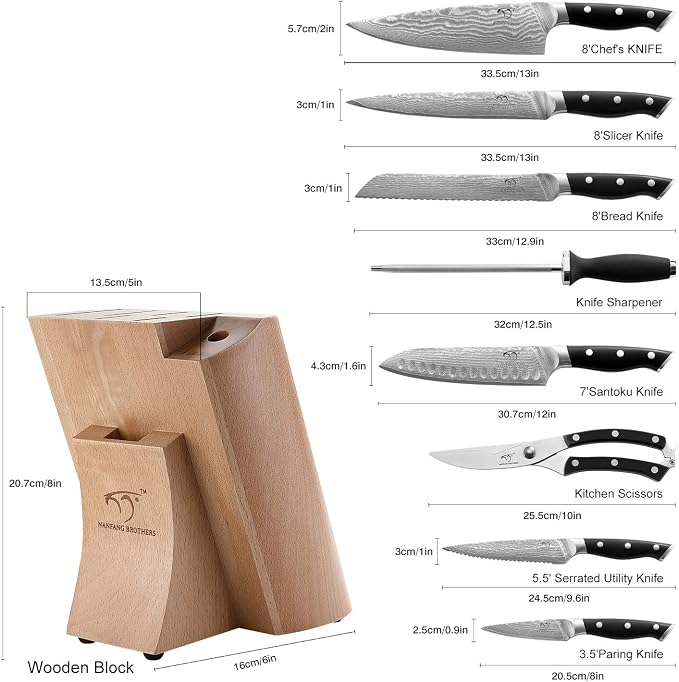 NANFANG BROTHERS 9 Pieces Damascus Kitchen Knife Sets with 67-Layer Japanese Damascus Steel, ABS Ergonomic Handle, Professional Ultra Sharp Knife Sets for Chefs with Beechwood Block