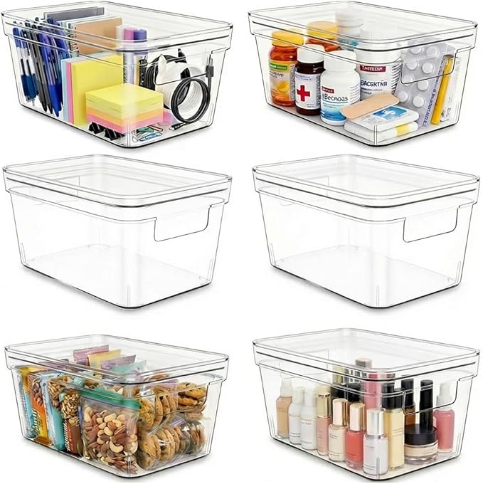 MOONEDGE Small Clear Plastic Storage Bins with Lids and Handles,Stackable Small Item Organizer Containers for Vanity,Craft,Office,Fridge,Kitchen,Pantry,Bathroom,Closet – 6 Pack (10×6×5 in)