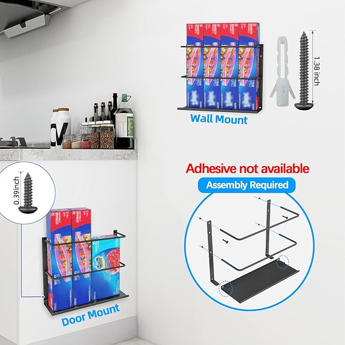 Gypie 2 Pack Kitchen Wrap Organizer Door Mount, Aluminum Foil Holder Cabinet Door Organizer Cabinet Storage Basket for Kitchen Wrap/Food Bag Storage, Black