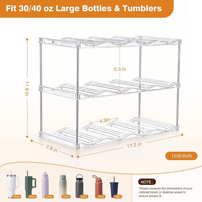 Large Compartment Water Bottle Organizer, Stackable Water Bottle Holder for Stanley 40 oz Tumbler, Clear Tumbler Organizer for Cabinet, Kitchen Pantry or Countertop, 3 Pack (3 Pack)