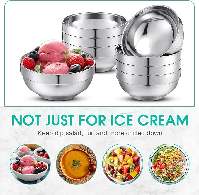 Funnymoom 8 Pack 24 oz Stainless Steel Bowls Double Walled Insulated Soup Ice Cream Metal Mixing Nesting Bowls for Serving Soup Rice Cereal (304 Stainless Steel)