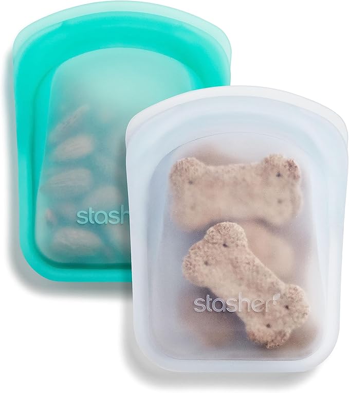Stasher Reusable Silicone Storage Bags, Food Storage Containers, Microwave and Dishwasher Safe, Leak-free, Pocket 2-Pack + 1/2 Gallon Bag