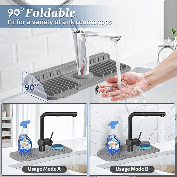 PoYang 14.6 inch Faucet Mat for Kitchen Sink Splash Guard, 7° Slope Silicone Sink Water Splash Guard for Kitchen Sink Area with Snap Button, Small Sink Protectors for kitchen Sink Sponge Holder, Grey