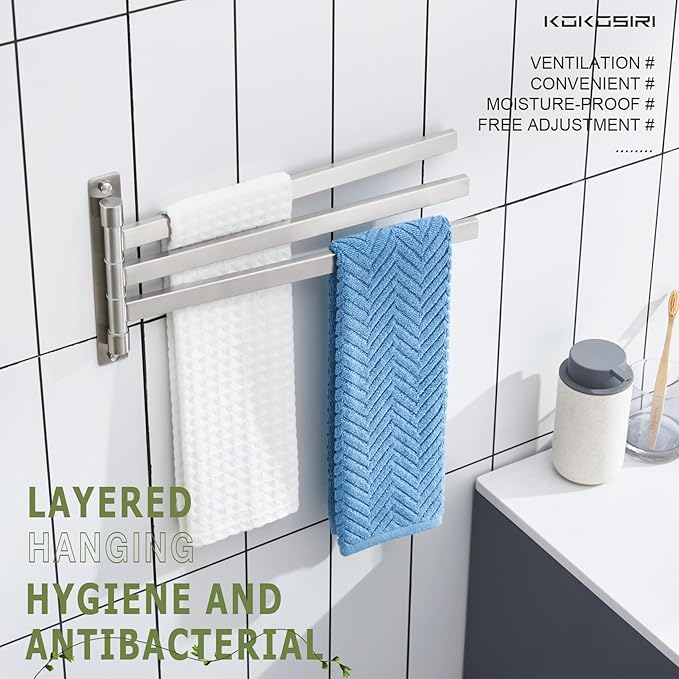 KOKOSIRI Hand Towel Holder Rack Swivel Bathroom Towel Bars Swing Out 3-Rail for Bath Kitchen Brushed Nickel Stainless Steel B5007BR-A3