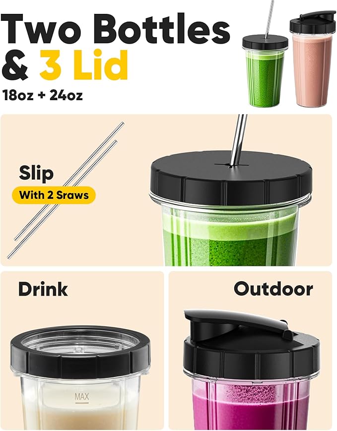Personal Blender for Smoothies, 1200W Portable Blender for Shakes and Frozen Blending, Make Powder Protein in 60 Seconds, One-button Operation for Easy Cleaning, Includes 24oz and 18oz Portable Cup