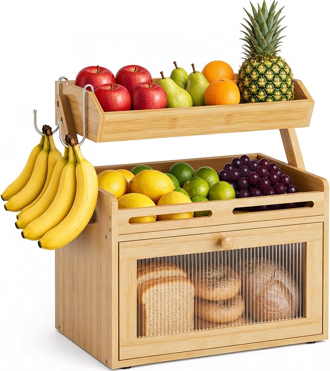 Bread Box for Kitchen Countertop, Bamboo Bread Storage Container with Fruit Basket, Clear Door & Magnetic Closure, Raised-Rail Shelves & 2 Banana Hooks, Farmhouse Pantry Organizer