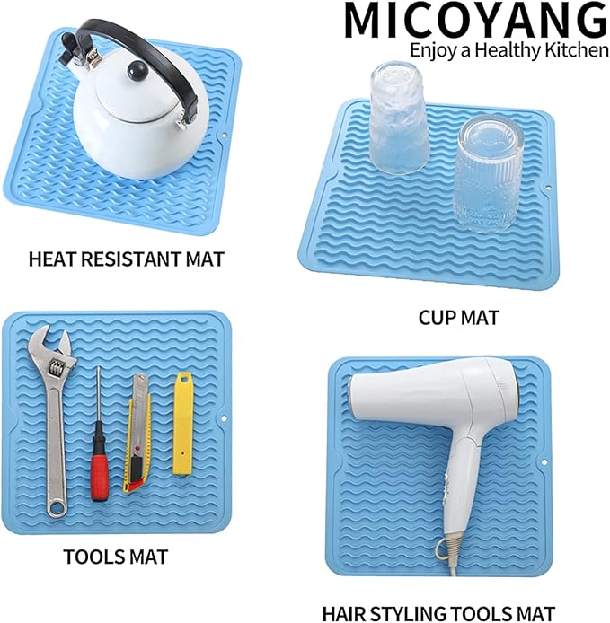 MicoYang Silicone Dish Drying Mat for Multiple Usage,Easy clean,Eco-friendly,Heat-resistant Silicone Mat for Kitchen Counter or Sink,Refrigerator or Drawer liner Light Blue M 12 inches x 12 inches