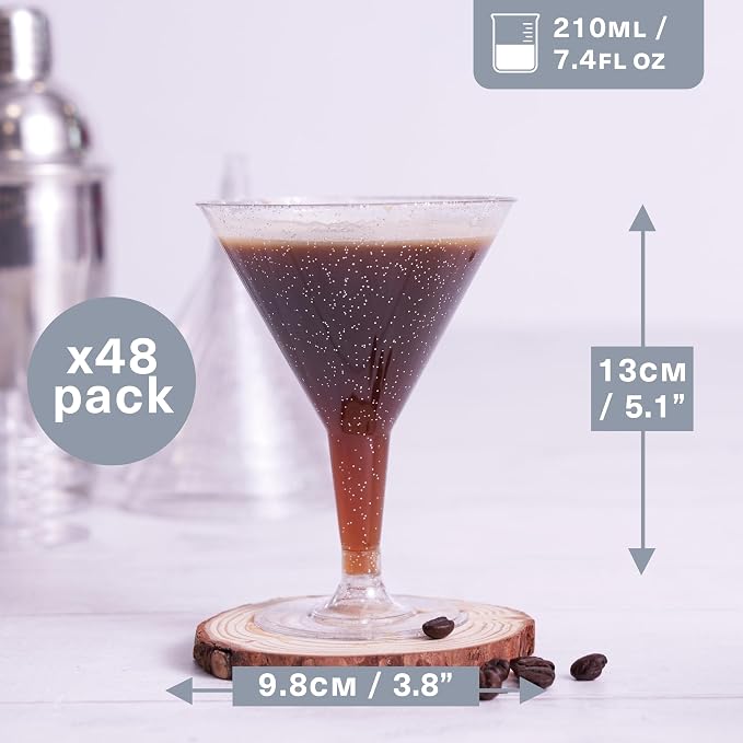 MATANA 48 Silver Gitter Plastic Martini Cocktail Glasses 7 oz - Elegant & Reusable - Manhattan, Margarita, Cosmopolitan, Desserts - Weddings, Birthdays, Parties