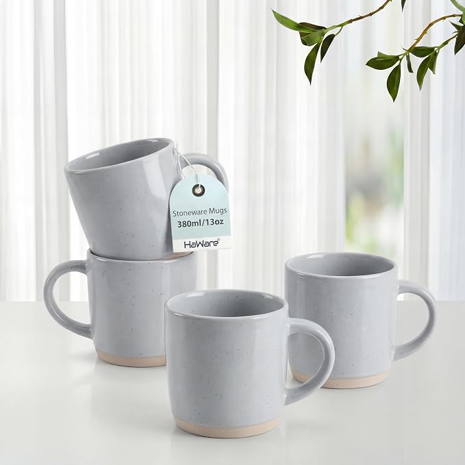 HaWare 13OZ Coffee Mugs Set of 4, Stoneware Coffee Cups, Ceramic Latte Mug for Man, Woman, Modern Tea Mugs for Latte/Cappuccino/Cocoa/Milk, Dishwasher& Microwave Safe, Speckled Misty Grey