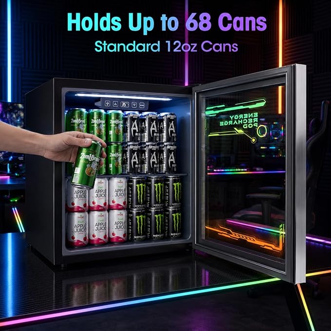 Tehanld Lighted Beverage Refrigerator, 68-Can Gaming Mini Fridge | RGB illuminated glass door, 1.8 cu.ft, 35-65°F digital control, quiet drink cooler for bedroom, game room, home bar