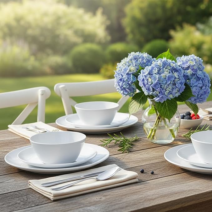Melamine Dinnerware Set - 12pcs Plates and Bowls for 4,Durable Melamine Dishes Set for Everyday Use, Lightweight & Dishwasher Safe,White