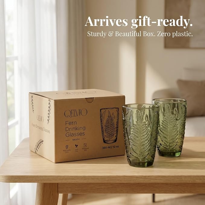 Green Drinking Glasses Set of 4, 12 oz Vintage Hand-Pressed Glass Cups, Fern Textured Highball Tumblers, Antique Style Boho Glassware for Water, Juice, Cocktails & Mocktails, Housewarming Gift Set