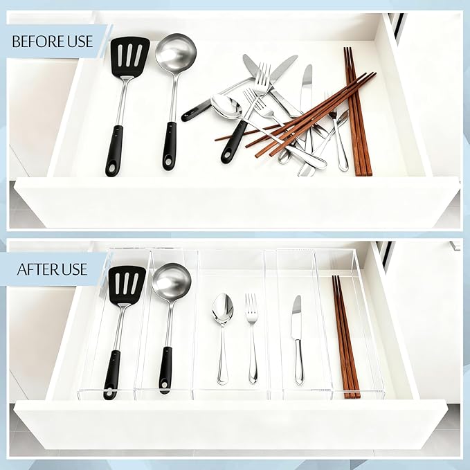 Expandable Kitchen Drawer Organizer 12 x 16 Inch Adjustable Silverware Knives Drawers Storage 3-5 Compartments Clear Acrylic Utensil Organizer for Kitchen