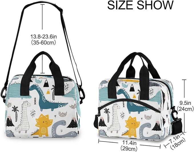 OREZI Dino Scandinavian Style Lunch Bag for Boys Girls,Dinosaur Children Reusable Lunch Bags Lunch Box Container with Detachable Shoulder Strap,Insulated Lunch Coolers for School Work