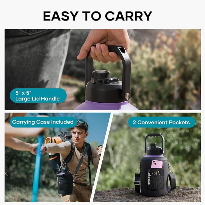 BUZIO 1 Gallon Water Jug Insulated, Stainless Steel Bottle With Large Handle & Spout Lid, 3.58" Big Wide Mouth BPA-Free Leakproof Metal Water Flask For Camping, Adventure, Sports, Black & Purple