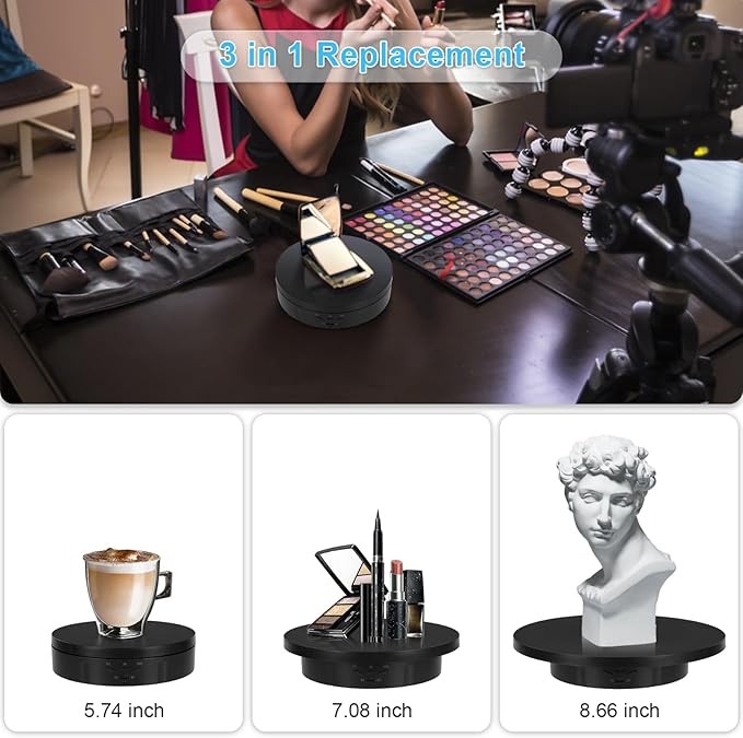 Remote Motorized Rotating Display Stand, Electric Rotating Platform with 5.74/7.08/8.66in Replacement Covers, 3 in 1 Turntable with Rechargeable Battery for Live Streaming Video Shoot Photography
