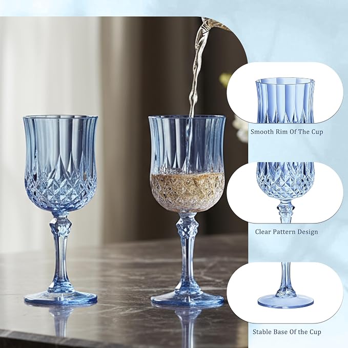 7OZ Plastic Wine Glasses, Reusable Vintage Goblets Unbreakable Drinking Glasses Crystal Water Cups Champagne for Wedding, Parties (12, Blue)