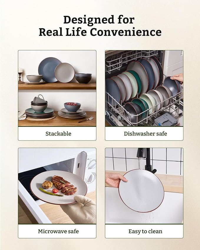 Famiware Venus 24-Piece Stoneware Dinnerware Sets with Mugs, Plates, Bowls, Service for 6, Matte Light Gray - Modern Ceramic Chip‑Resistant Dishes for Everyday & Formal, Microwave & Dishwasher Safe