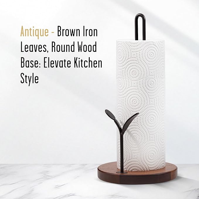 Wooden Paper Towel Holder Countertop,Round Base with Dual Iron Rods in Antique Brown Finish, Leaf-Shaped Accent, Stable & Durable, Non Slip Pads, Elegant Kitchen/Dining Décor