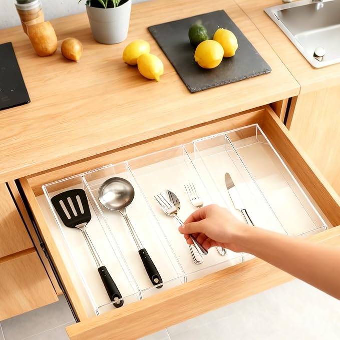 Expandable Kitchen Drawer Organizer 12 x 16 Inch Adjustable Silverware Knives Drawers Storage 3-5 Compartments Clear Acrylic Utensil Organizer for Kitchen