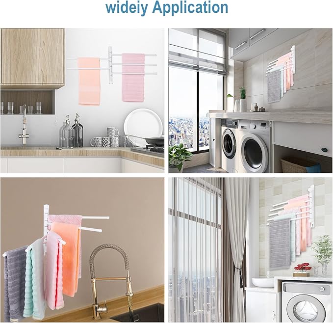5-Arm Swivel Towel Rack - 180° Rotating Wall Mounted, 304 Stainless Steel Rustproof, Heavy Duty Bathroom Accessories, Space Saving Towel Organizer for Bathroom Kitchen Laundry - Pearl White