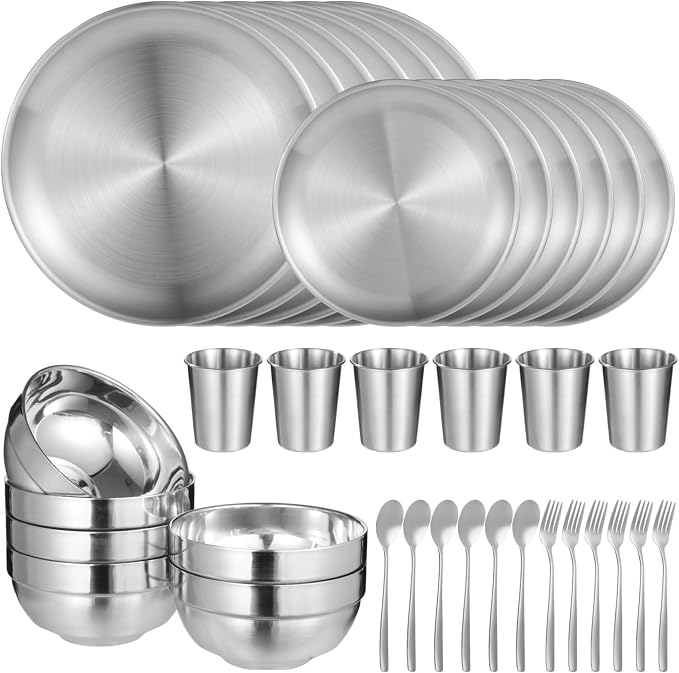 36 PCS Stainless Steel Dinnerware Set, Includes 12PCS 6.7 & 10.2 in Plates, 6 Pieces Bowls and 6 Pieces Cups, Spoons, Forks, Food-Safe Mess Kit for Home Kitchen, Camping, Picnic, Silver (Silver-C)